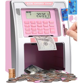 Fishboy Talking Pink ATM Piggy Bank for Kids with Dual Debit Cards, Power-Off Memory, Auto-Opening Drawer for Real Money for Girls, Onekey Shutdown, Bill Feeder, Coin Recognition, Balance Calculator