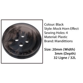 Pack of 6 Black 20mm Round Faux Horn Sew On Plastic Buttons for Coats Jackets Cardigans Flat 4 Holes 32L