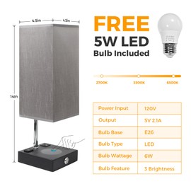 Wireless Charging Touch Control Table Lamp, Bedside Nightstand Lamp with USB Charging Port & AC Outlet, 3 Brightness Levels Adjustable, Suitable for Bedroom, Living Room, Office, LED Bulb Included