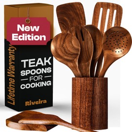 Riveira's 9-Piece Dark Brown Kitchen Essentials Wooden Cooking Utensils Set - Complete Kitchen Utensils Set for Gourmet Results