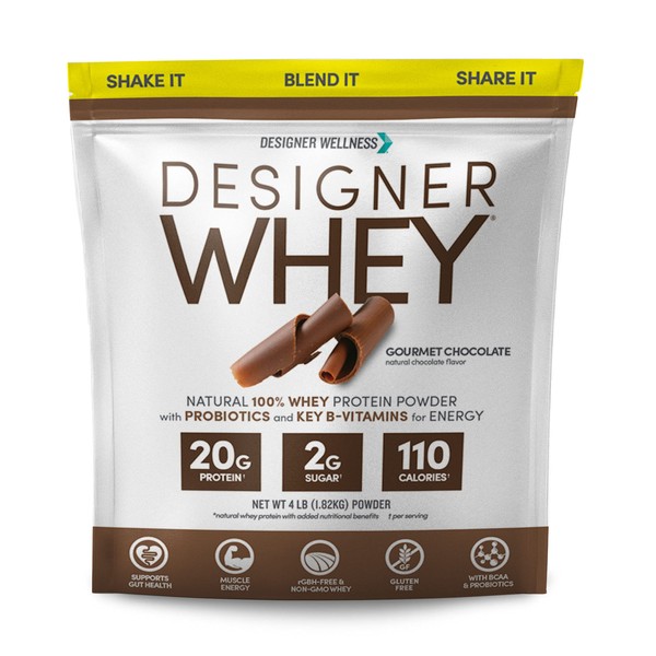 Designer Wellness, Designer Whey, Natural Protein Powder with Probiotics, Fiber, and Key B-Vitamins for Energy, Gluten-Free, Gourmet Chocolate 4 lb