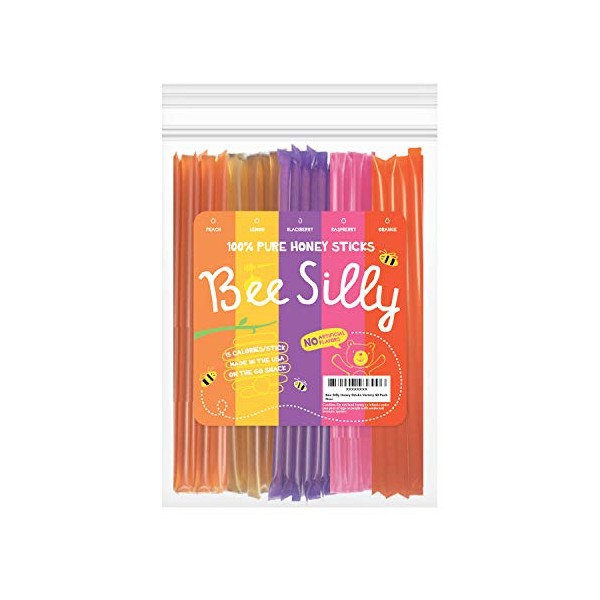 Bee Silly Flavored Honey Sticks (50 Pack), 5 Flavors: Peach, Lemon, Blackberry, Raspberry, Orange. 100% Pure American Honey, All Natural, NO Artificial Flavors, Fun on-the-go snacks for kids, Made USA