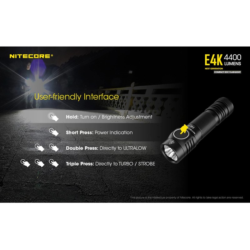 Nitecore E4K 4400 Lumens EDC Compact High Power Rechargeable Flashlight