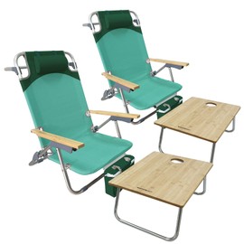 WKFAMOUT Folding Backpack Beach Chair 2 Pack Aluminum 5-Position with Camping Bamboo Table Lay Flat Lounge Chair Outdoor for Adults with Insulated Cooler Bag