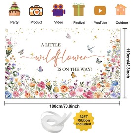 Joliaco Wildflower Baby Shower Backdrop Banner for Girl Spring Flowers Gold Dots Photography Background Baby in Bloom Baby Shower Party Decorations Photo Booth Props (6x3.6ft)