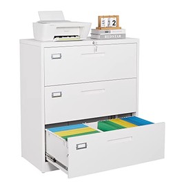 Metal Lateral File Cabinet for Home Office with Lock, Yizosh 3 Drawer Steel Lateral Filing Storage Cabinet, Locking Wide File Cabinet for Hanging Files Letter/Legal/F4/A4 Size (White, 3 Drawer)