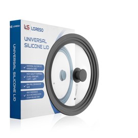 Loreso Silicone Glass Lid Grey - Universal Silicone Glass Lid for pots Pans & Skillet 10, 10.5, 11 & 11.5" Inches, Tempered Glass Lid with Steam Vents & Cool-Touch Handle (Medium - Grey)