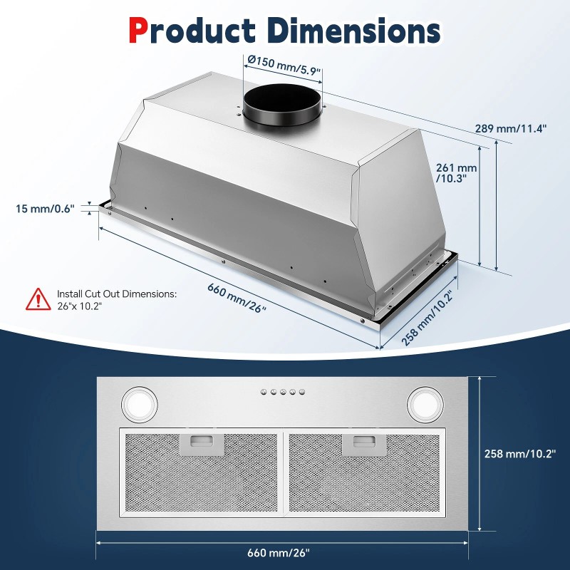 Zomagas 30 inch Built-in/Insert Range Hood 450CFM Kitchen Ducted/Ductless Vent