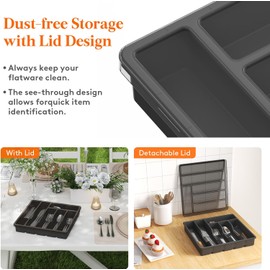 Lifewit Organizador de Cubiertos para Cajon con Tapa, Caja de Cubiertos para Cajón de Cocina, Soportes de Utensilios para Cuchillos, Tenedores, Cucharas, Bandeja con 6 Compartimentos, Negro