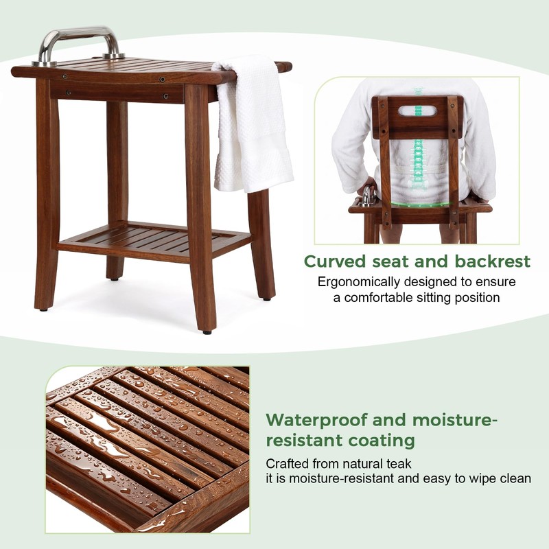 Shower Stool with Shelf and Handrails, Solid Water-Resistant Teak Shower