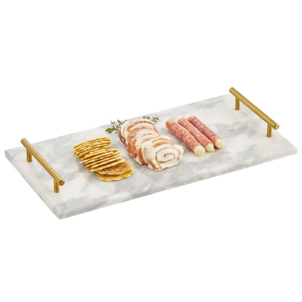 mDesign Thin Marble Pastry Board, Cutting Slab Kitchen Serving Tray with Deco Handles for Baking, Chopping, and Rolling - Serve Bread, Candy, Chocolate, Cheese, and Appetizers - Marble/Soft Brass