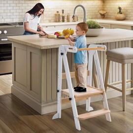 Gewitt Foldable Toddler Kitchen Stool Helper - Adjustable Height Toddler Standing Tower, Kids Helper Stool with Safty Rail for Kitchen Counter Bathroom (White)