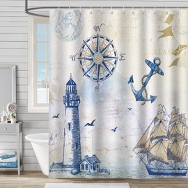 Bonhause Shower Curtain Maritime Nautical Anchor Lighthouse Sailboat Shower Curtains 180 x 180 cm Anti-Mould Waterproof Polyester Fabric Washable Bathroom Curtain for Bathroom with 12 Hooks