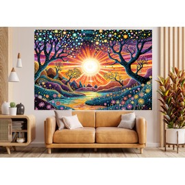 Tree of Life Tapestry Vintage Nature Landscape Sun Forest Boho Flowers Mountain Colorful Wall Art Tapestry Wall Hanging Photograph Backdrop Blanket Curtain Home Bedroom Living Room 60X40 Inch