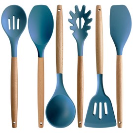 IOCBYHZ Silicone Cooking Utensils Set 6Pcs Heat Resistant Silicone Kitchen Utensils Set for Cooking, Kitchen Utensil Spatula Spoon Set w Wooden Handle, BPA FREE Kitchen Gadgets for Non-Stick Cookware