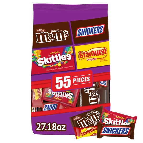 M&M'S, SNICKERS, STARBURST & SKITTLES Assorted Candy Variety Pack, 27.18 oz, 55 Pieces Bulk Candy Bag