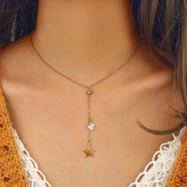 Yheakne Boho Star Y Lariat Necklace Gold Star Y Drop Necklace Crystal Star Tassel Chain Necklace Lucky Star Pendant Necklace Jewellery for Women and Girls, Zinc