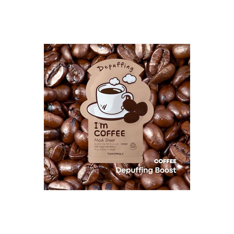 TONYMOLY I'm Coffee Sheet Mask, De-Puffing Face Treatment, Natural Ingredients,