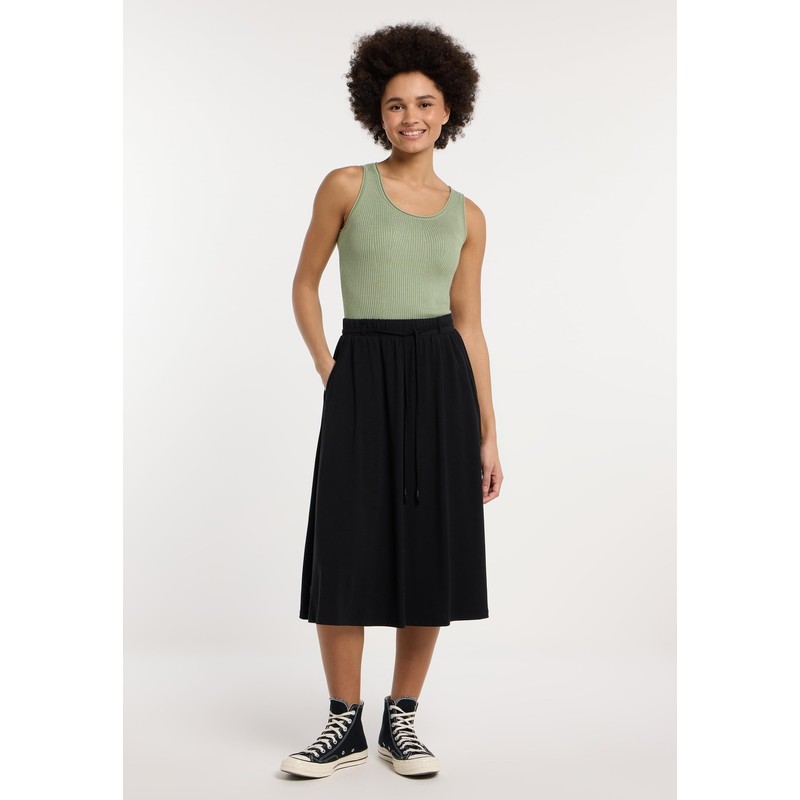 Reikko Knee-Length Skirt with Pockets and Thin Fabric Belt, black,