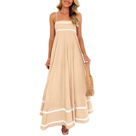 PRETTYGARDEN Women's 2025 Summer Flowy Maxi Dress Casual Sleeveless Spaghetti Strap Ruffle Beach Long Dresses (Beige,Large)