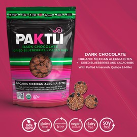 Paktli Organic Alegría Bites – Dark Chocolate with Blueberry & Cacao Nibs, 2oz Bag, Organic Ancient Grain Snack with Amaranth, Quinoa & Millet, Gluten-Free, Non-GMO, Superfood Sweet Treat