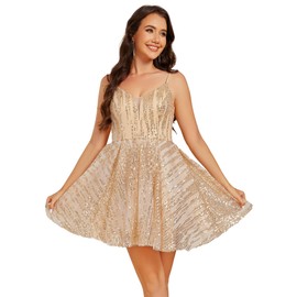 Ever-Pretty Women's Sequin V Neck Sleeveless A Line Adjustable Spaghetti Straps Mini Cocktail Dress Gold US14