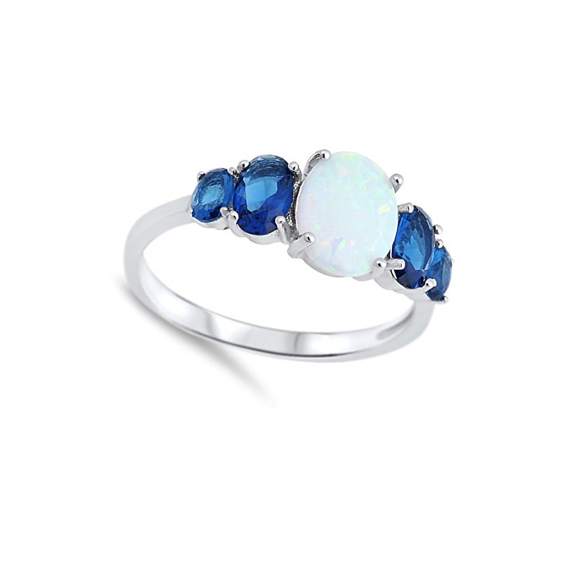 Blue Simulated Sapphire White Simulated Opal Oval Ring .925 Sterling