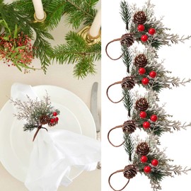 Generic Christmas Cedar Red Fruit Napkin Rings Natural Pine Needle Napkin Holder Table Decoration for Christmas New Year Party Xmas Pine Cone Berries Napkin Ring Holders 4 Pcs, Green