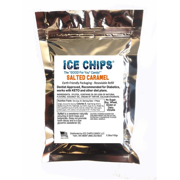ICE CHIPS Xylitol Candy in Large 5.28 oz Resealable Pouch; Low Carb & Gluten Free (Salted Caramel)