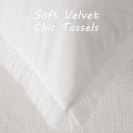 FUTEI Cream White Boho Throw Pillow Covers with Tassels 18x18 Inch Set of 2,Soft Velvet Decorative Cushion Case,Home Decor for Couch Bed Living Room