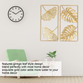 Metal Wall Decor, Strong Iron Ginkgo Leaf Wall Sculpture, Gold Modern Leaf Wall Decor with Frame for Living Room, Office, Study, Home, Bedroom, Hanging Parts Hotel Wall Decoration