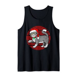 Gray Tabby Cat In Santa Hat a Christmas Plaid Tank Top