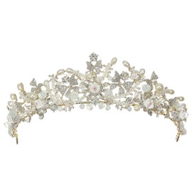 SAMKY Handmade Faux Pearl Crystal Flower Butterfly Wreath Tiara Crown - Gold T1245