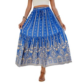 EMOTTOS Women's Maxi Skirt Summer Boho Skirt High Elastic Waist Loose Pleated Hem Long Skirt, A Line Bohemian Vintage Printed Beach Decorative Cord, Maxi Long Flowy Elegant Ruffles, Blue, S-XL, blue
