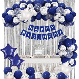 Navy Blue Birthday Balloons Decorations, Blue and Silver Happy Birthday Banner with Fringe Curtains for 16th 30th 40th 50th 60th 70th 80th 90th Men Party Supplies