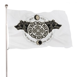 NIBABAEU Decorative House Flag Yard Banner Two Wolves Nordic Viking Rune Print Holiday Welcome Yard Flag Lawn Hanging Decoration 24x3ft