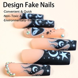 FOXIIU Press on Nails Coffin Long Length Glossy Full Cover Acrylic Coffin Shape French False Nails with Designs Artificial Ballerina Square Fake Nails with Charms Glue ons Nails for Women(XA4036)