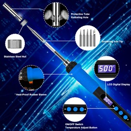 Soldering Iron Kit with LCD Display, 100W LED Display Adjustable Temperature, Soldering Iron with Automatic Sleep Mode, Soldering Gun with 5 Soldering Tips, Solder Tin, Stand, Welding Tool Blue