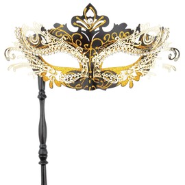 Hoshin Mask with Stick, Mardi Gras Deecorations Venetian Masks for Women (Black with Golden Line)
