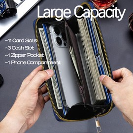 SUEWEE Long PU Leather Card Holders Wallet with Large Capacity for Mens Man, 11 Card Slots + 3 Cash Slot + 1 Zipper Pocket, Phone Holder Wallets with Detachable Wriststrap, Brown