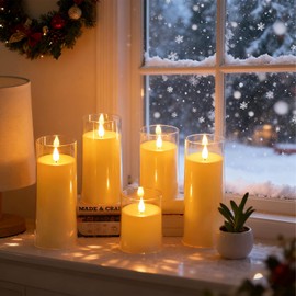 Fo32won Ivory White LED Flameless Pillar Candles Battery Operated with Remote and Timer, Pack of 5 (D 3"×H 4" 5" 6" 8" 8") Decorative Acrylic Flickering Candles with 3D Flame