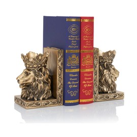 BOIHEGU Lion Statue Bookends, 7 inch Resin Exquisite Lion Statue(Set of 2) Heavy Duty Non-Skid Decorative Bookends, Antique Gold Accent Lion Gifts for Men Father Leo Home Office Desk Shelf Decor