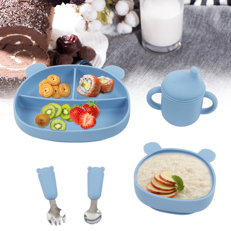 5pcs Baby Feeding Kit Food Grade Silicone Bear Design Plate