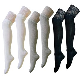 CAT KO Women Soft Knee High Socks Solid color Lace Striped Over the Knee Socks Cotton Stocking for Women (US, Alpha, One Size, Regular, Regular, White,Grey,Black)