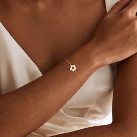 NECOCY Gold Pearl Bracelets for Women,14K Gold Plated Bracelets Dainty Pearls Beaded Link Chain Charm Bracelets Set Layered Non Tarnish Tiny Jewelry for Women, inch, Brass, no gemstone