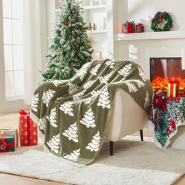 Douceur Christmas Tree Throw Blanket, Ultra Soft Olive Green Fluffy Featival Blanket, Reversible Cozy Decorative Blanket for Bed Couch Sofa, Super Soft Indoor Living Room Plush Throws, 50"X60"