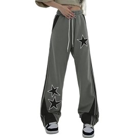 ZUNQKG Striped Sweatpant for Womens Joggers Drawstring Waist Sporty Straight Leg Y2k Star Sweatpant with Pockets Grey L