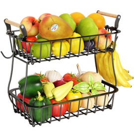 ANTOPY 2 Tier Fruit Basket with 2 Banana Hangers, Countertop Fruit Vegetable Basket Bowl for Kitchen Counter Metal Wire Fruits Storage Stand Holder Organizer for Bread Snack Veggies Produce