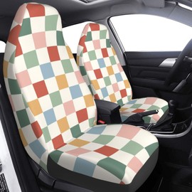 Foruidea Rainbow Checkerboard Retro Car Seat Covers Universal 2 Pcs Auto Front Seat Cover Fit Most Cars,SUV,Sedan,Trucks