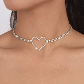Rhinestone Heart Choker Necklace for women Sparkly Heart Choker Necklace Adjustable Crystal Chain Necklaces Jewelry for Women Girls (Gold)